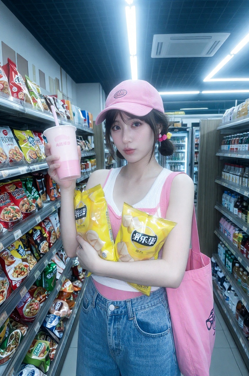 a medium shot photography of a woman shopping inside a brightly stocked convenience store aisle,  surrounded by shelves of...