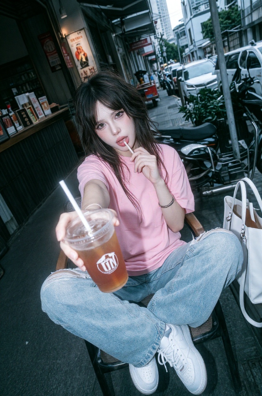 a medium three-quarter shot photography of a woman sitting outdoors on a chair at a street-side cafe stall,  interacting d...