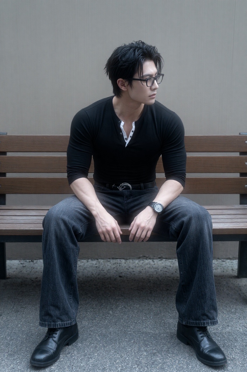 a full-length portrait photography of a muscular man sitting on an outdoor wooden bench against a muted,  neutral-toned wa...
