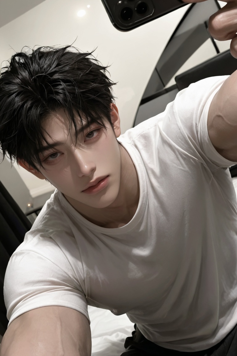 1 man ,  young handsome Asian male,  black messy hair on Tensor.Art