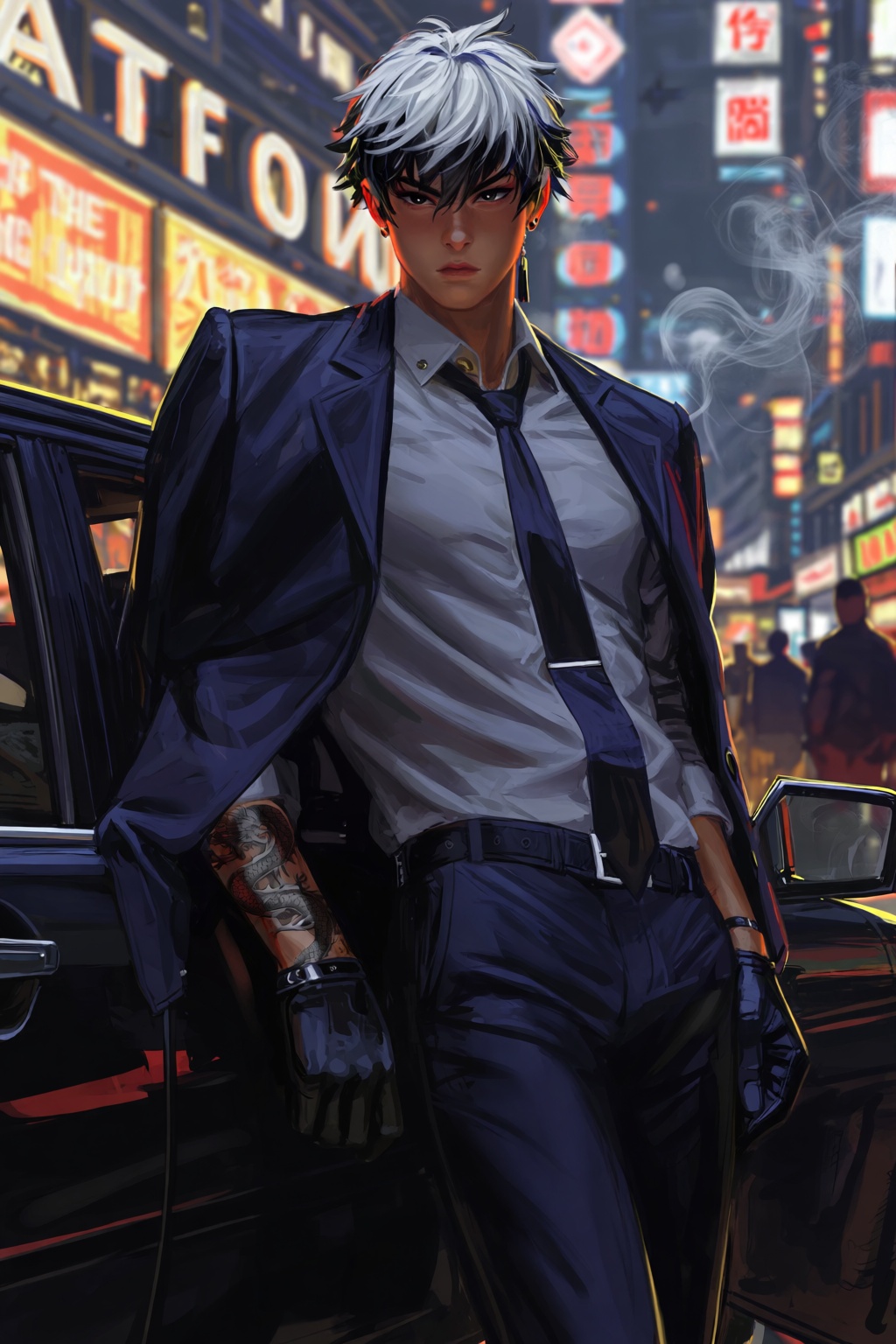 @guweiz,  @guwe1z A dramatic street scene features a young male enforcer leaning against a black car outside a late-night...