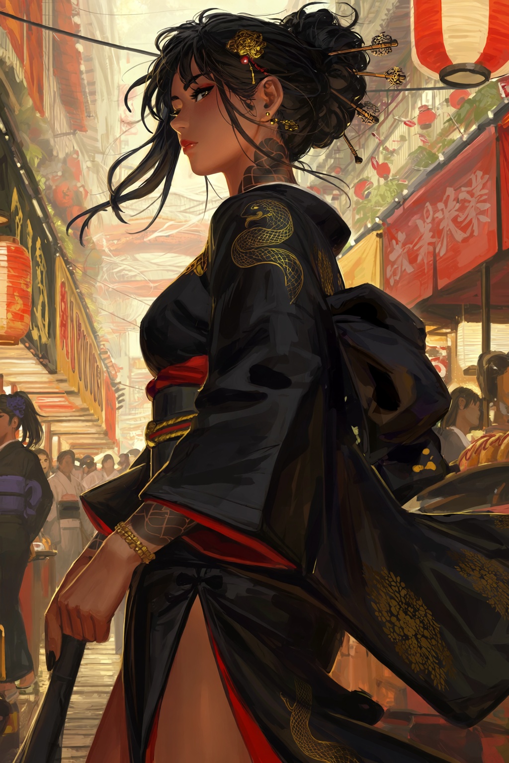 @guweiz,  @guwe1z A stylish digital painting shows a tattooed woman walking through a crowded festival street,  wearing a...