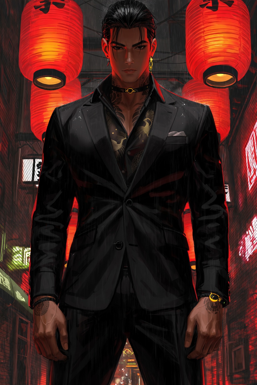 @guweiz,  @guwe1z A cinematic digital illustration shows a sharply dressed yakuza boss standing beneath glowing red lanter...