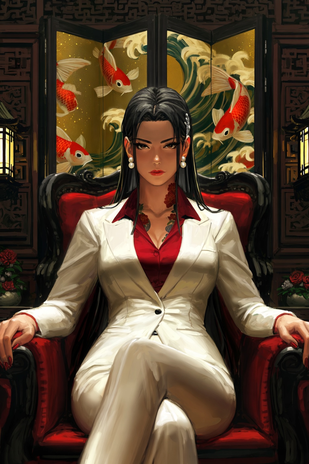 @guweiz,  @guwe1z A striking portrait depicts a confident female clan leader seated in a luxurious private room with lacqu...
