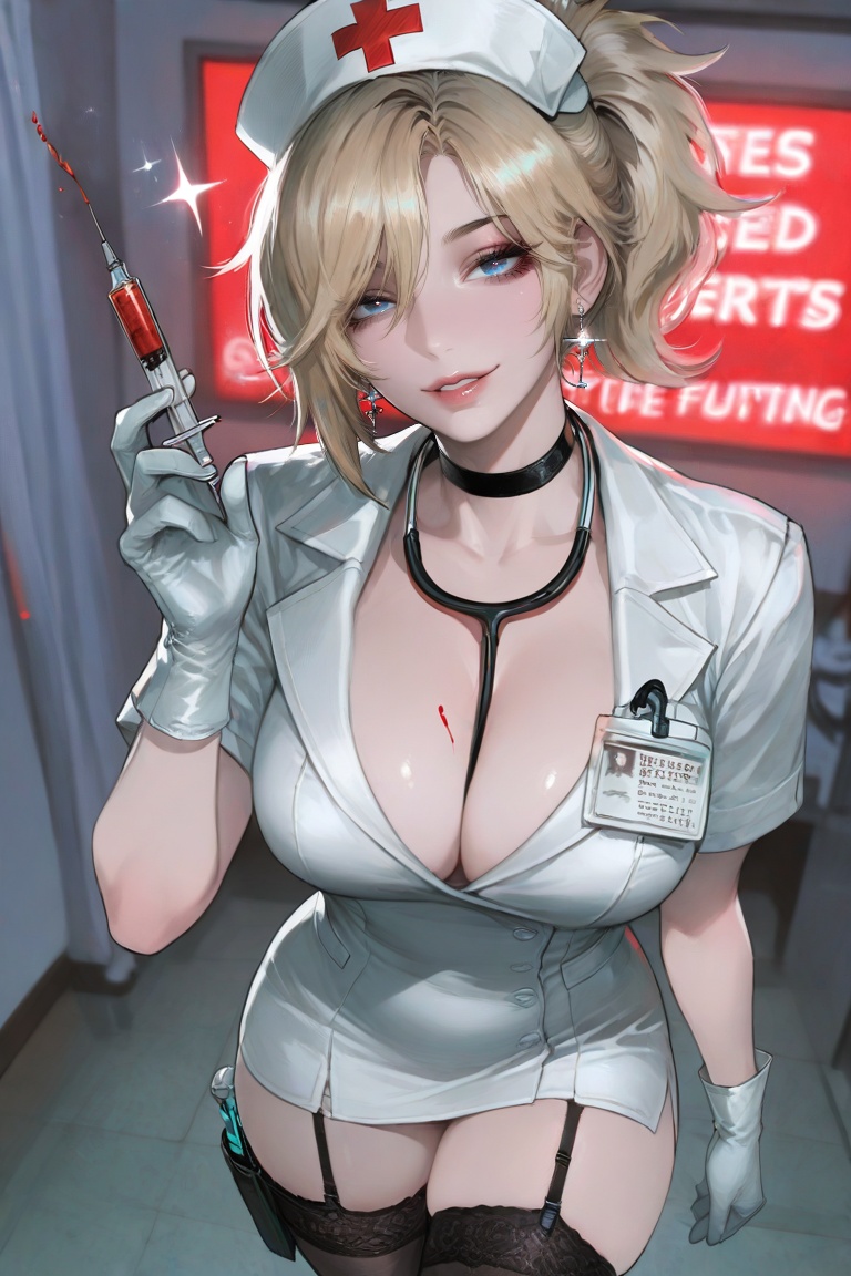 The image depicts a stunning blonde woman,  dressed in a provocative nurse's uniform,  complete with a red cross on her ha...