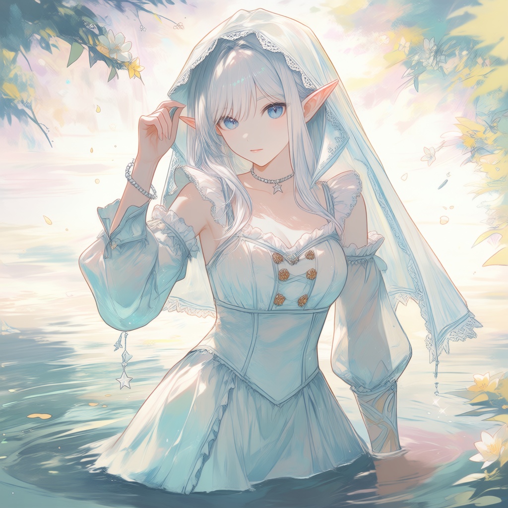 A silver-haired elf with pointed ears and vivid blue eyes stands knee-deep in shimmering water,  surrounded by floating ye...