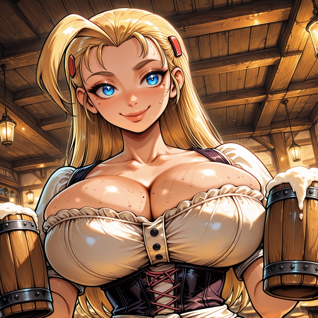 1girl with long slicked‑back blonde hair and an ahoge. She has bright blue eyes and a small mole under her eye. anime scre...