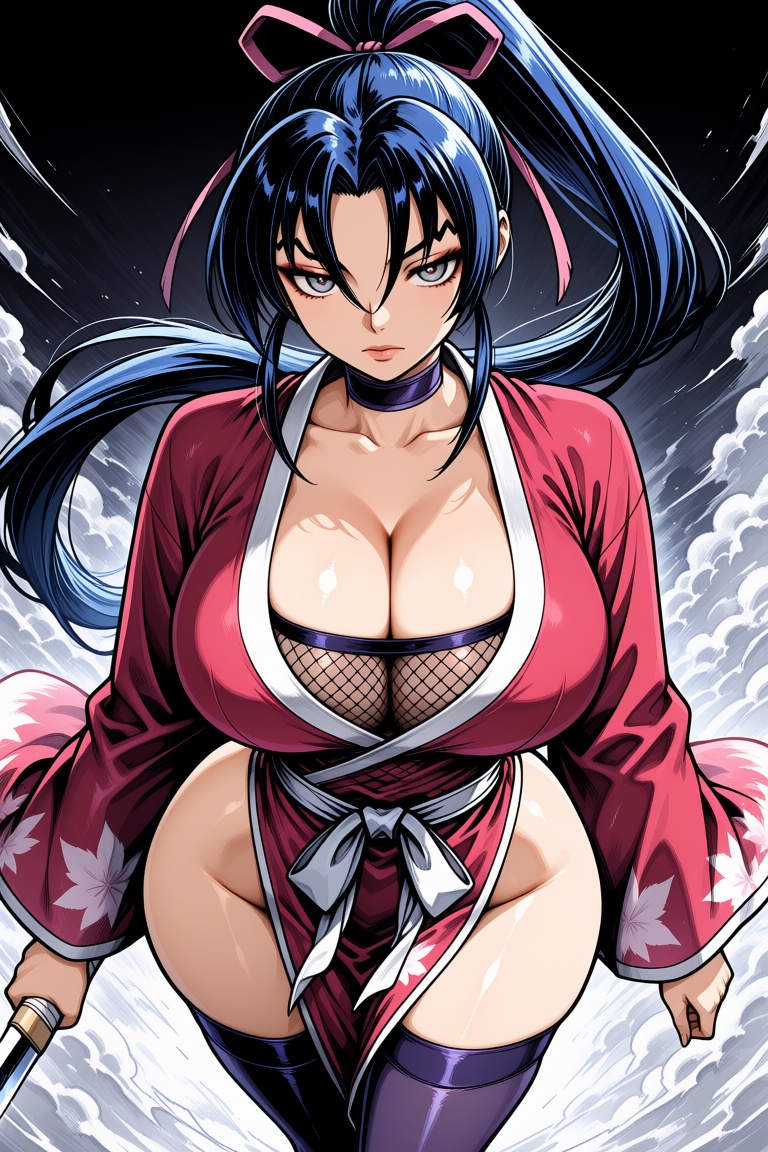A single girl with long blue hair tied in a ponytail,  with sidelocks and strands falling between her eyes,  decorated wit...