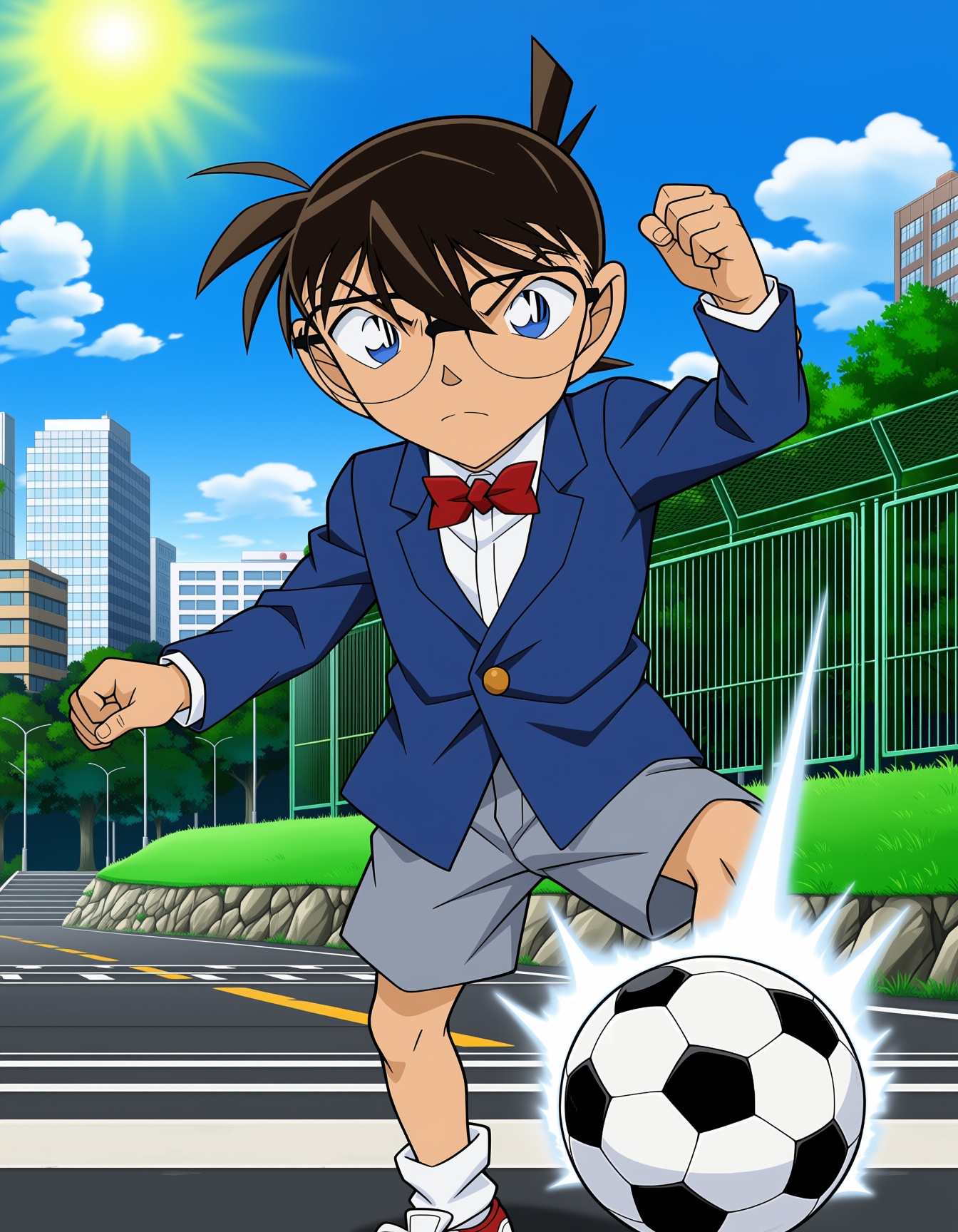 This is a digitally created anime-style illustration. The focal point is conan edogawa,  brown hair,  blue eyes. He is wea...
