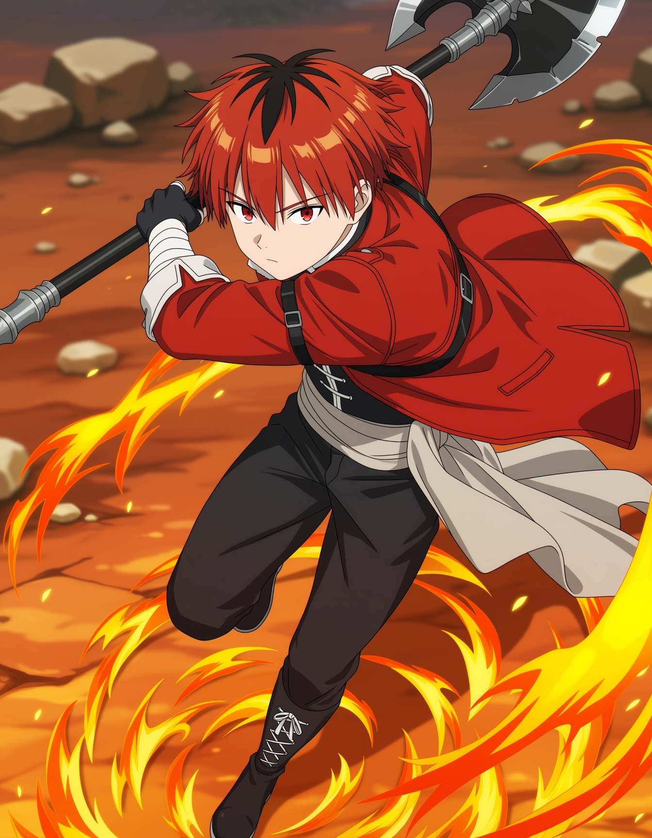 Digital anime-style drawing of a stark,  red hair and red eyes,  male character on Tensor.Art
