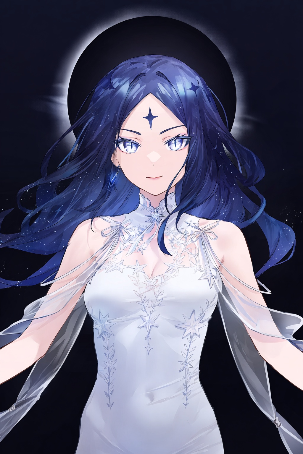 @redju,  A supernatural digital painting portrays a celestial figure with flowing midnight-blue hair and luminous silver e...