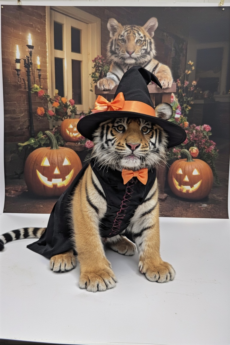A photograph of a young tiger in a Halloween witch costume posing for a picture in a studio with a random background pictu...