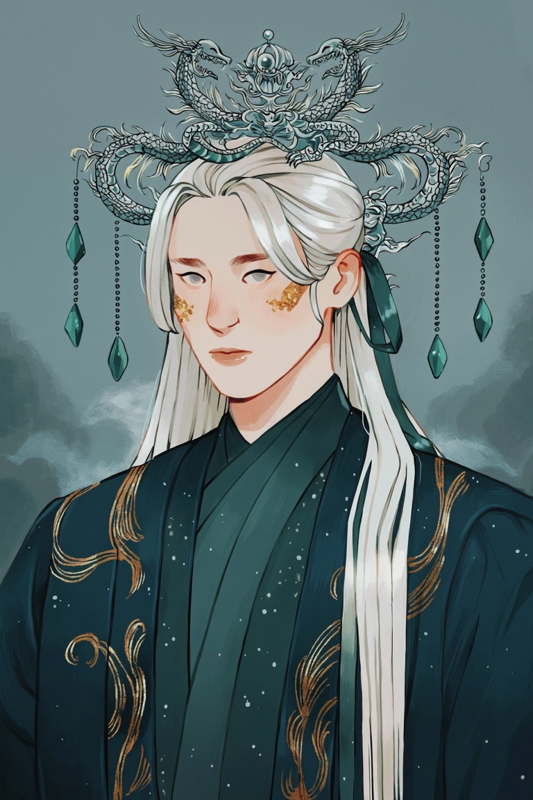 Seb1,  male with long silver-white hair tied with jade green ribbon,  soft grey eyes with golden flecks on Tensor.Art