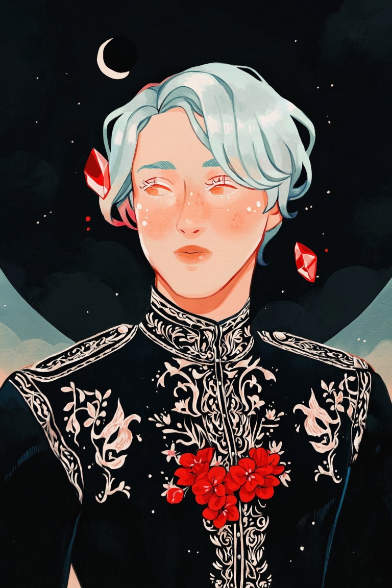 Seb1,  1boy,  celestial undertaker prince with silver hair and soft lashes on Tensor.Art