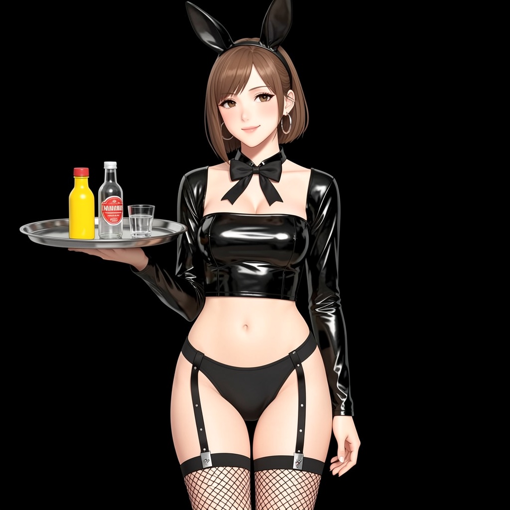 Photograph of a young woman with light skin and brown hair,  styled in a side part with a small black bunny ear headband....