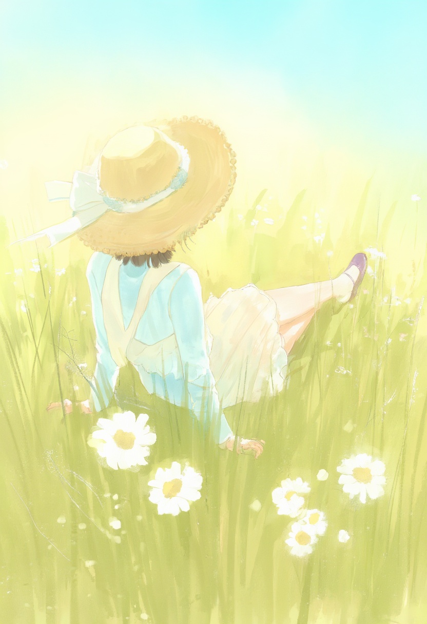 softwatercolor depiction of a woman sitting in a field of tall grass and daisies,  viewed from behind. She wears a wide-br...