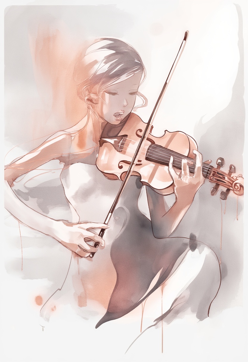 softwatercolor illustration of an expressive female violinist lost in her music. The movement of the bow is captured throu...