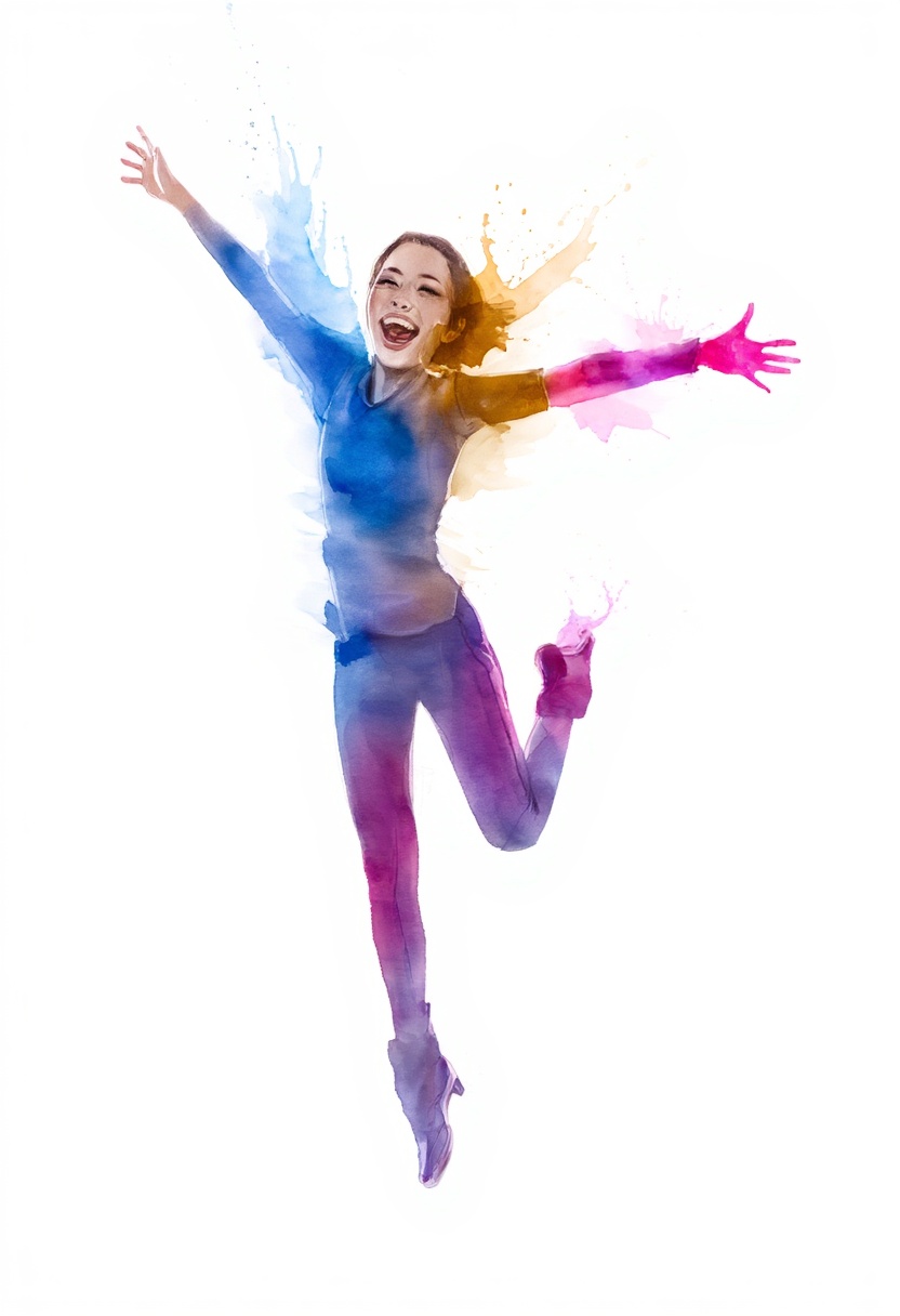 softwatercolor,  a dynamic full-body shot of a woman caught mid-leap,  arms thrown wide to the sky with a brilliant on Ten...