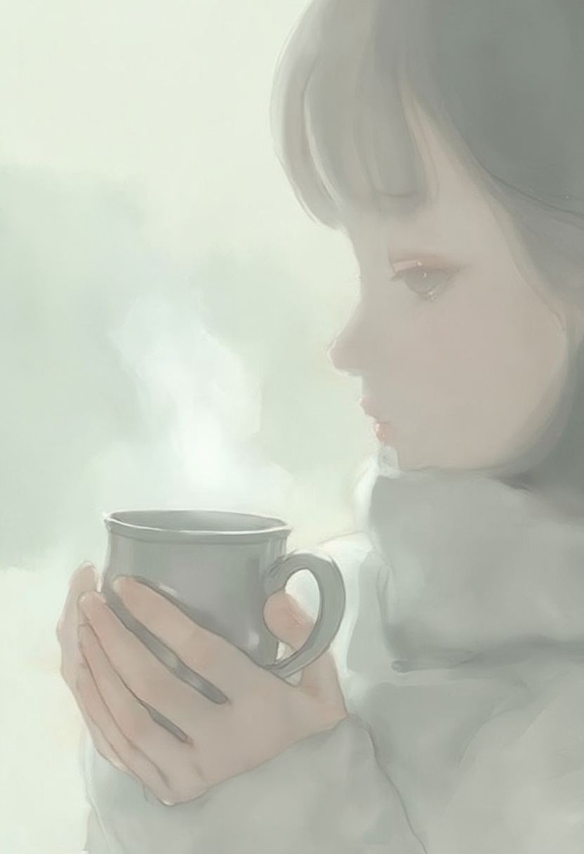 softwatercolor scene of a woman holding a warm ceramic mug in both hands,  looking thoughtfully out at a misty morning. So...
