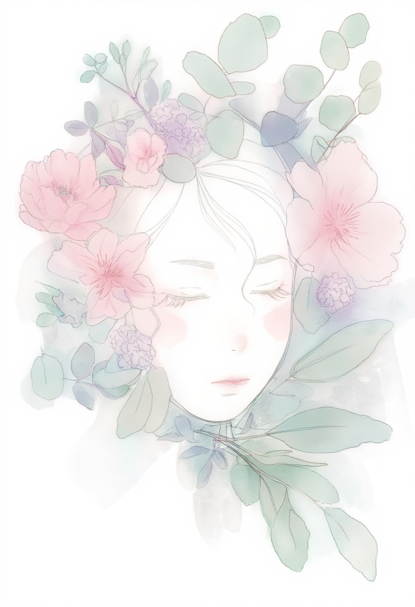 softwatercolor portrait of a woman with her eyes closed,  surrounded by a delicate wreath of wild peonies and eucalyptus l...