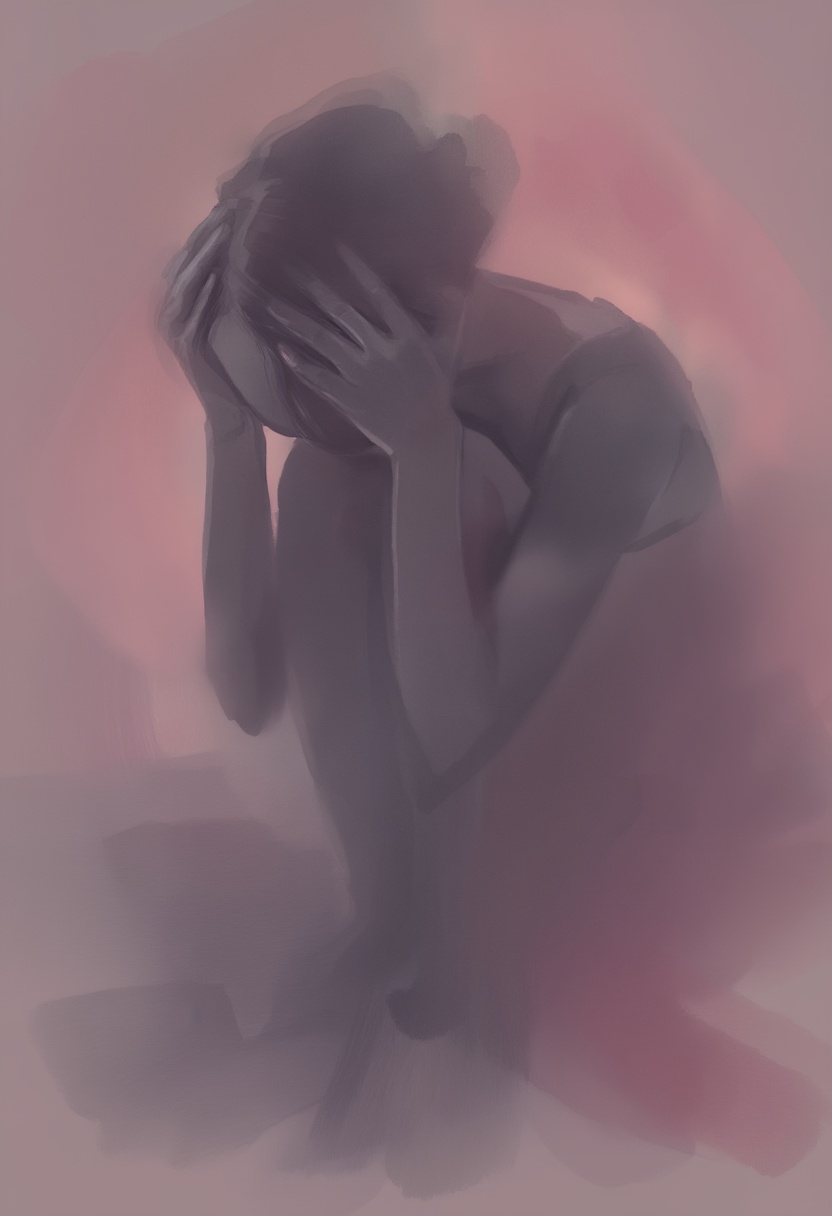 softwatercolor,  a raw,  emotional depiction of a woman seated with her elbows resting on her knees on Tensor.Art