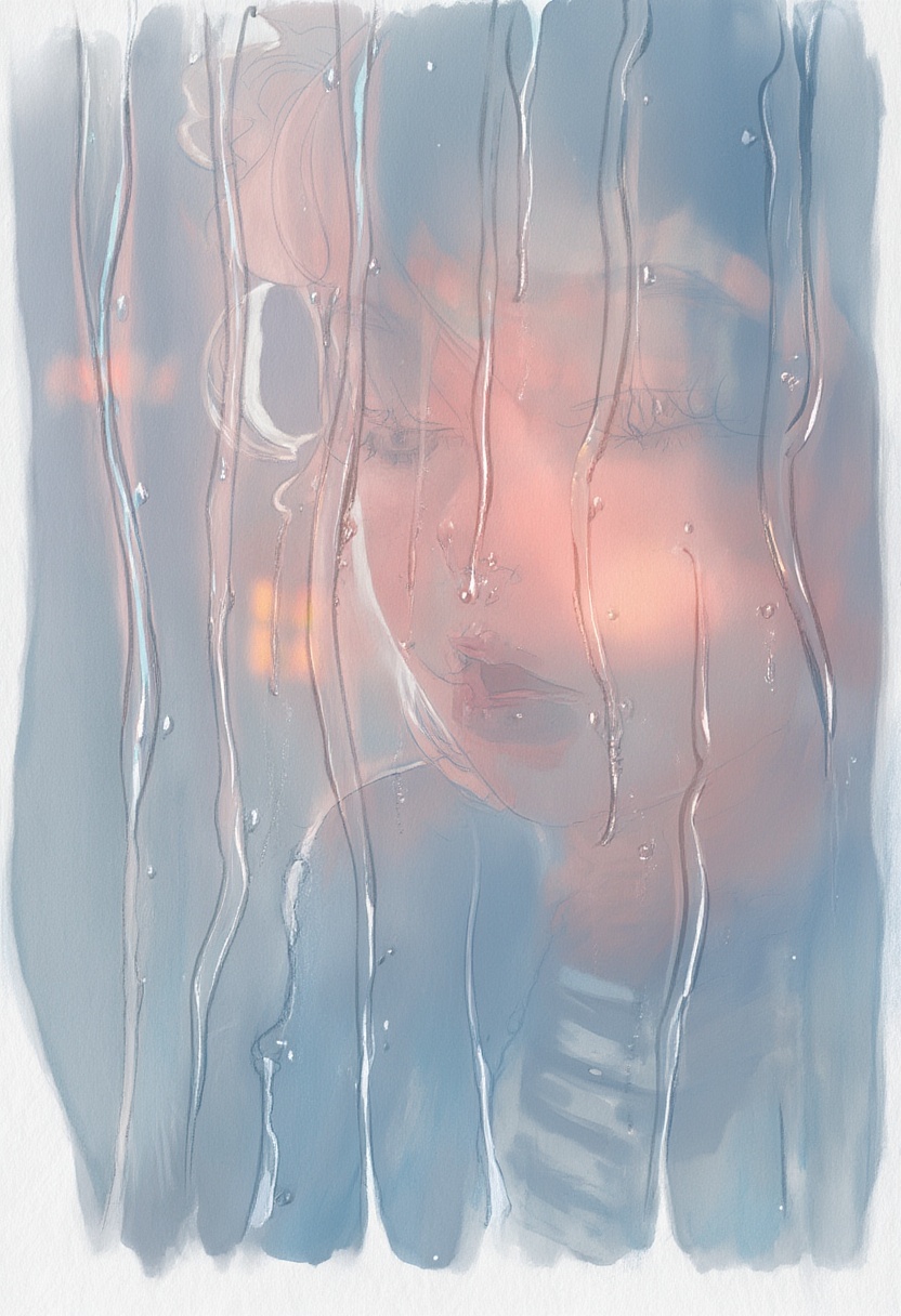 softwatercolor painting of a woman looking through a rain-streaked windowpane. The focus is atmospheric,  with blurred ref...