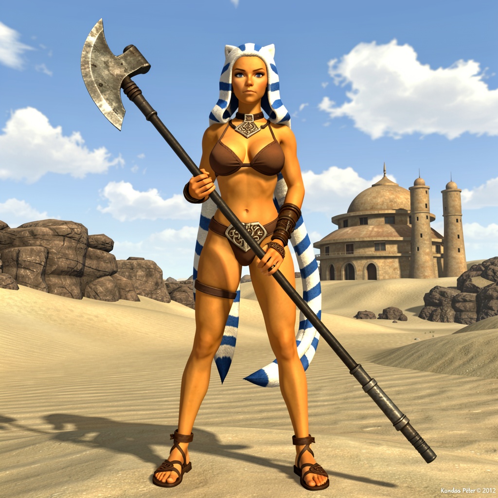 This 3D render showcases a 1girl,  a female character identified as Ahsoka Tano,  presented solo and standing with confide...