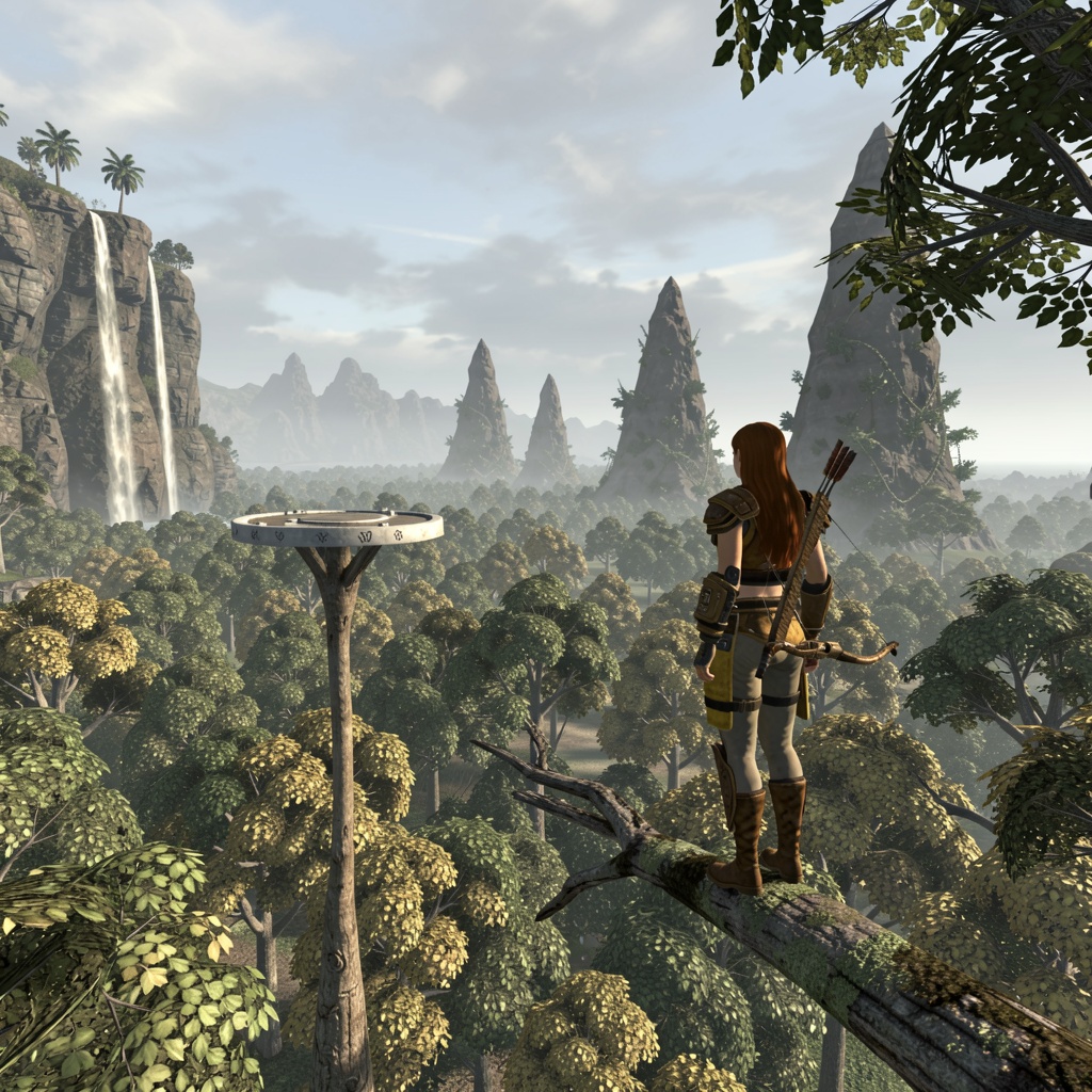 This highres 3D render captures a vast and vibrant natural landscape. In the midground,  a female character is visible,  s...