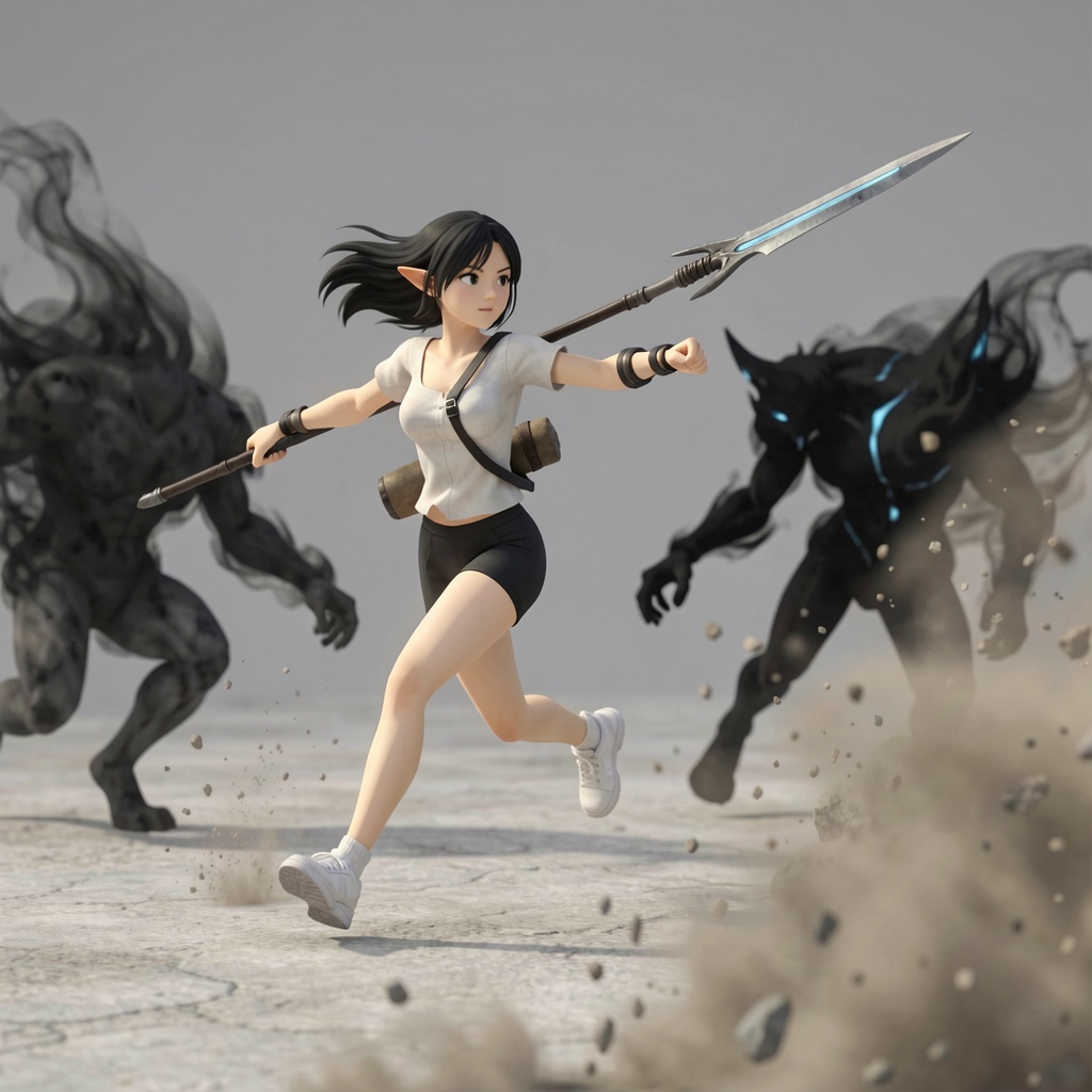 The image displays a highly active fantasy scene centered on a 1girl,  rendered in an art style indicative of a 3D product...