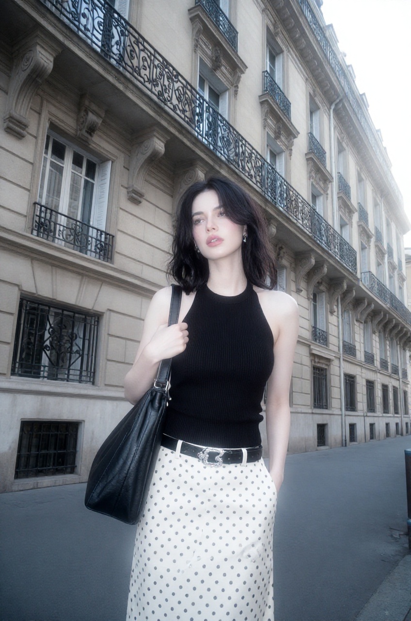 a photograph captures a woman standing on an urban European sidewalk in front of a classical Parisian-style apartment buil...
