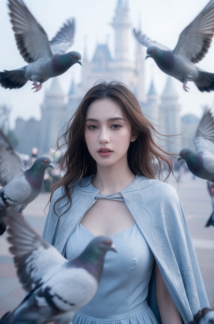 A close-up shot captures the whimsical moment as a flock of pigeons' feathers blur in mid-flight,  their gentle circle aro...