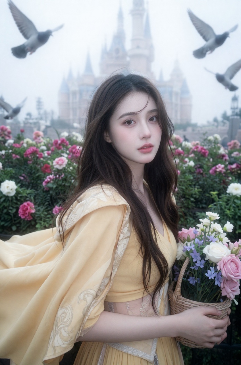 A serene close-up captures the refined features of an elegant young woman as she gazes directly at the viewer. Her flowing...