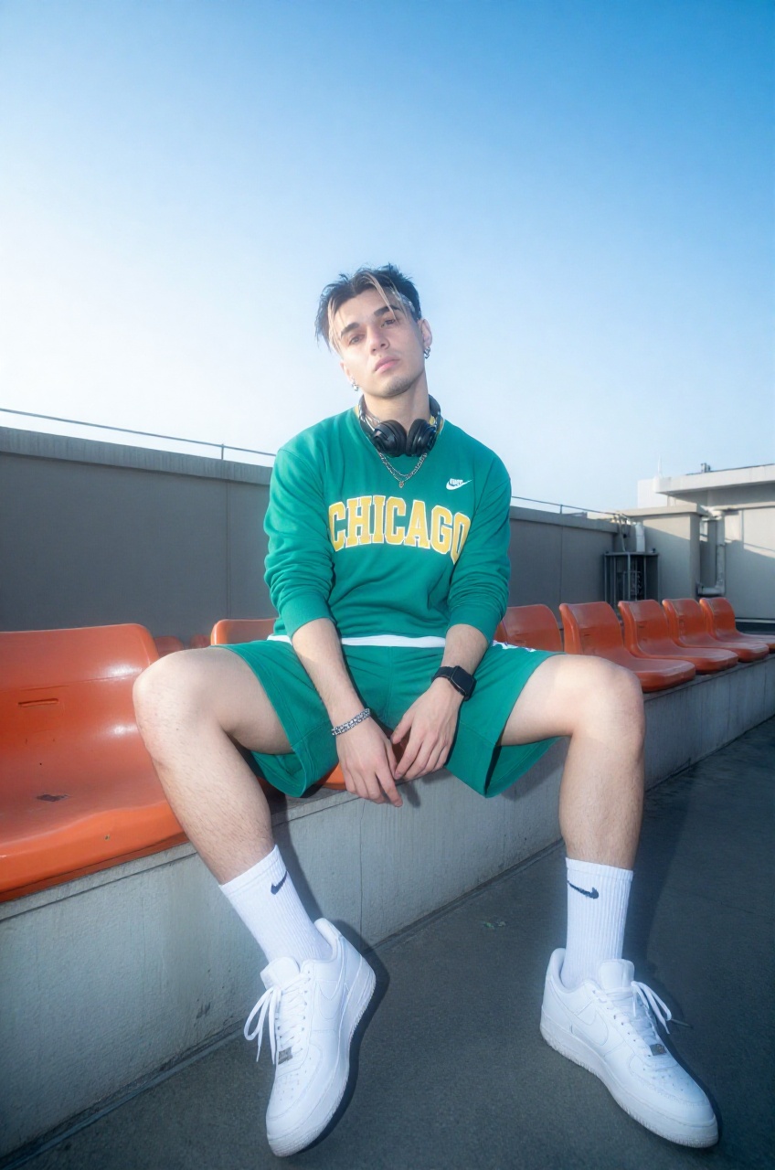 a photograph captures a muscular man leaning backward while sitting on an orange plastic stadium-style seat against a conc...