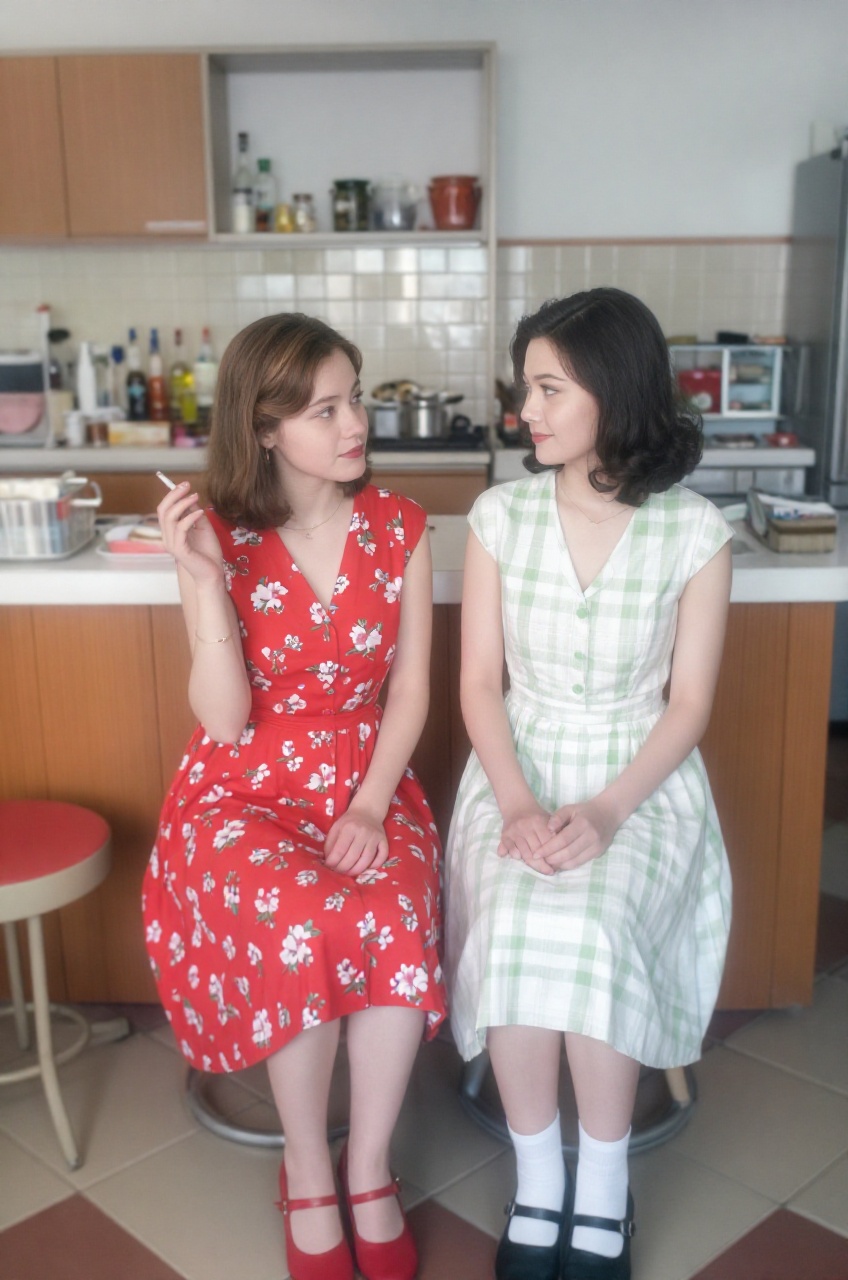 Bathed in the soft focus of gentle diffused light from the front,  the central subjects,  two young women with soft-focus...