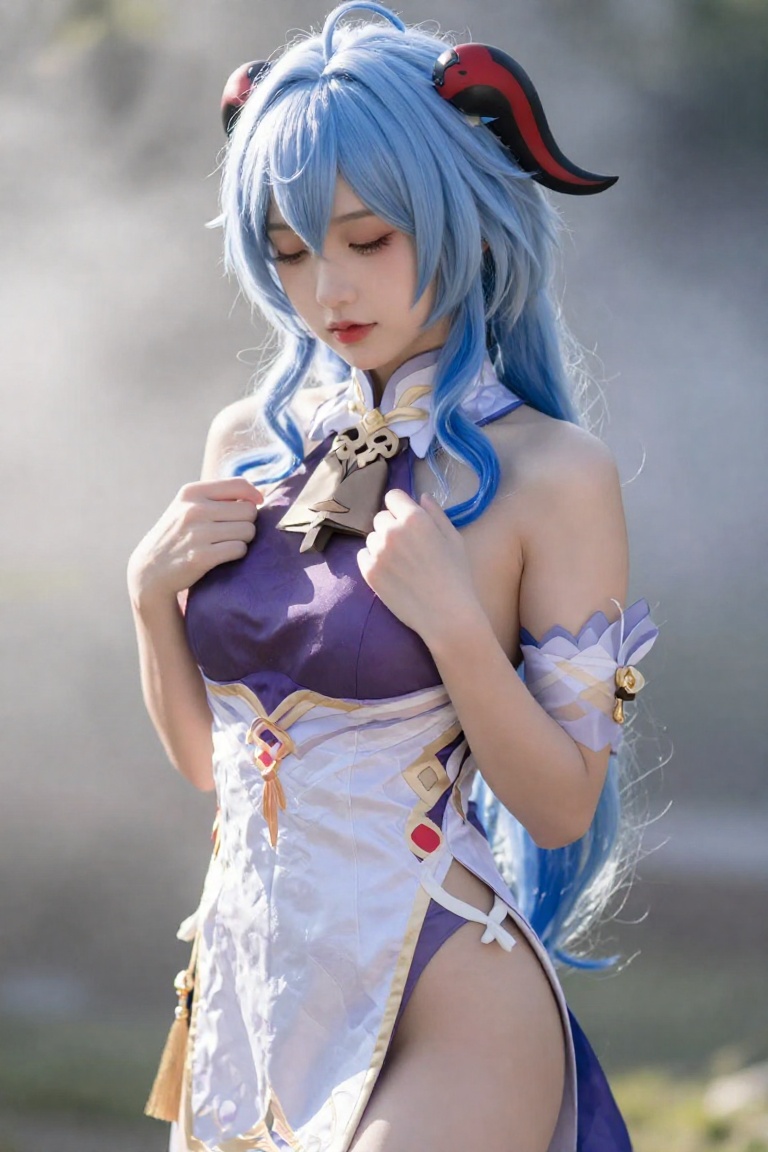 A realistic photograph of Ganyu from Genshin Impact,  captured in a medium shot. She stands gracefully looking down with h...