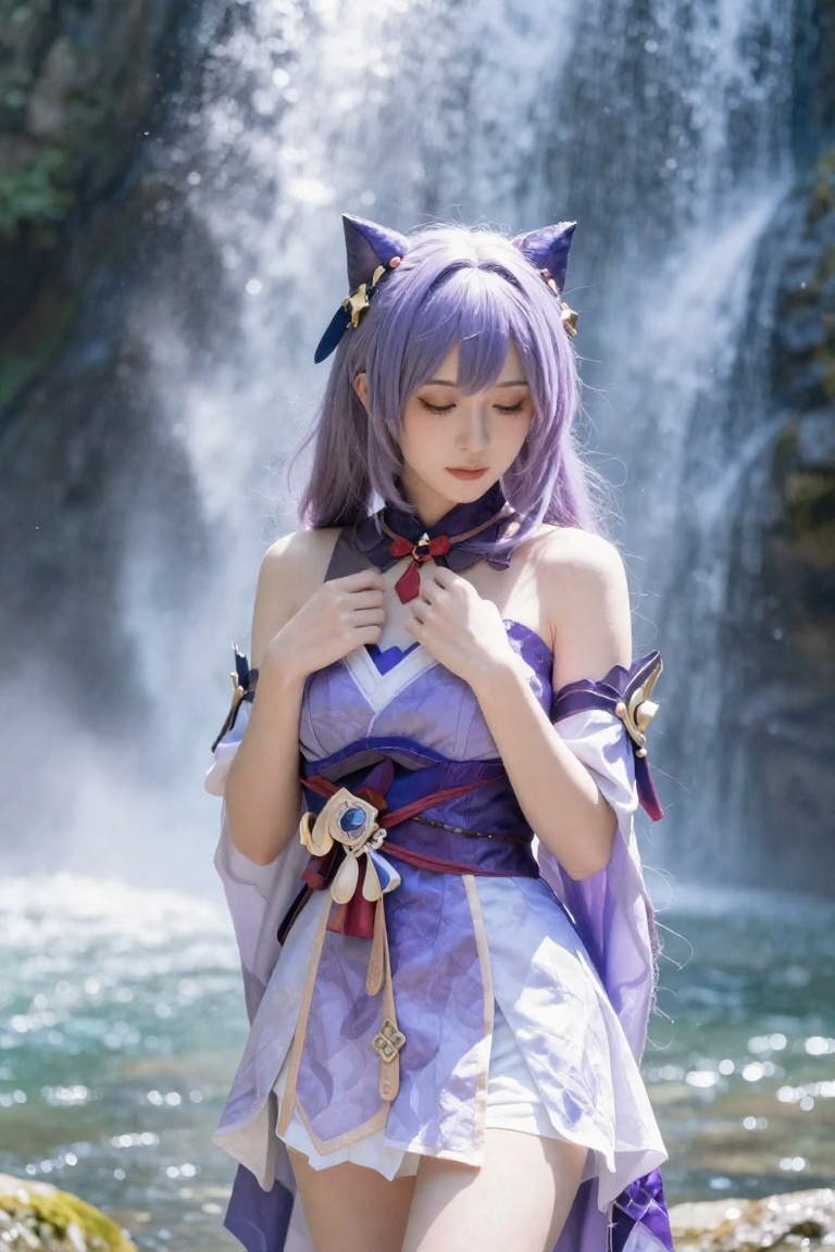 A realistic photograph of Keqing from Genshin Impact,  captured in a medium shot. She stands gracefully in front of a casc...
