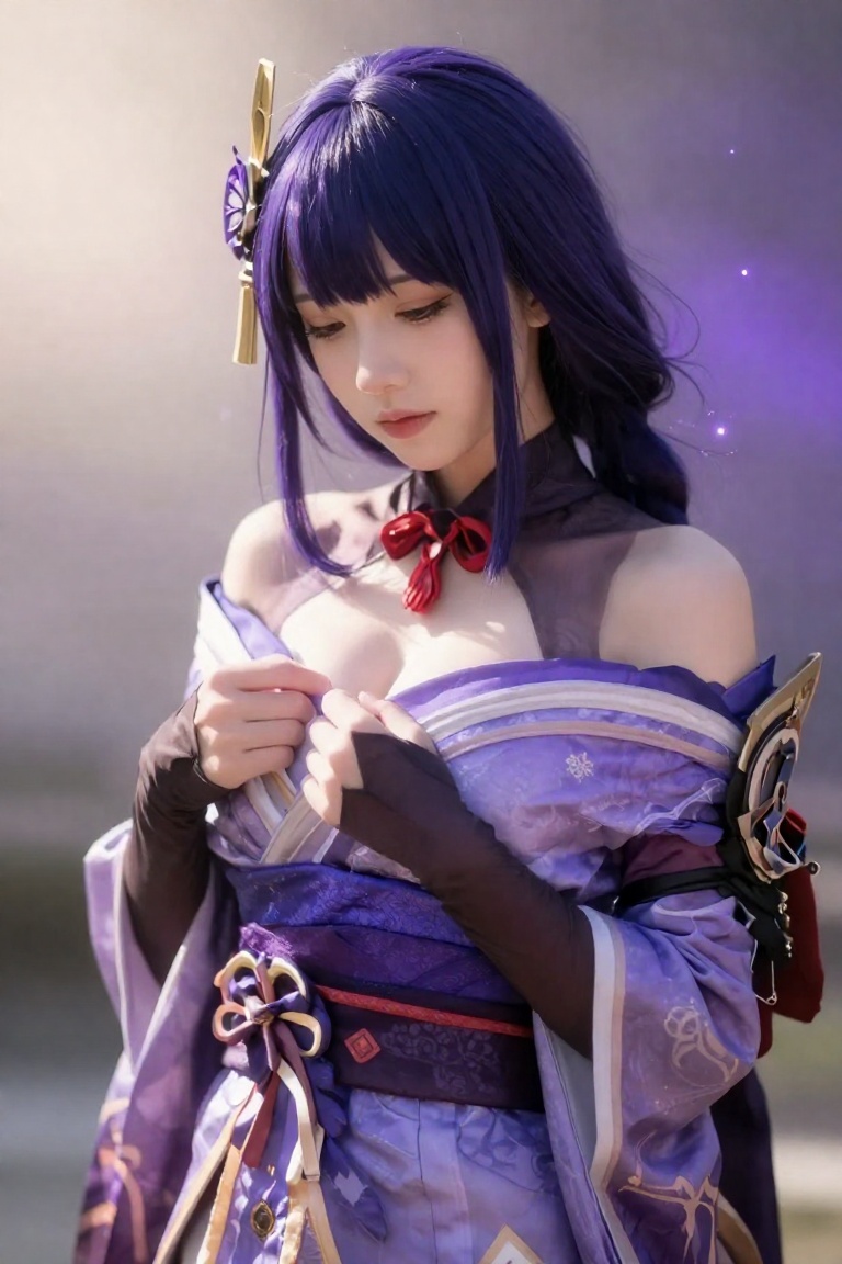 A realistic photograph of Raiden Shogun from Genshin Impact,  captured in a medium shot. She stands gracefully looking dow...
