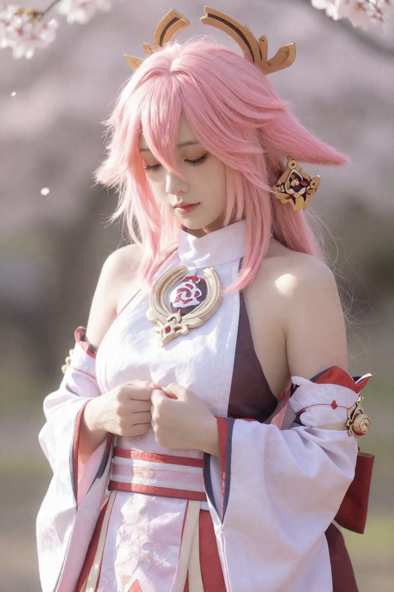 A realistic photograph of Yae Miko from Genshin Impact,  captured in a medium shot. She stands gracefully looking down wit...
