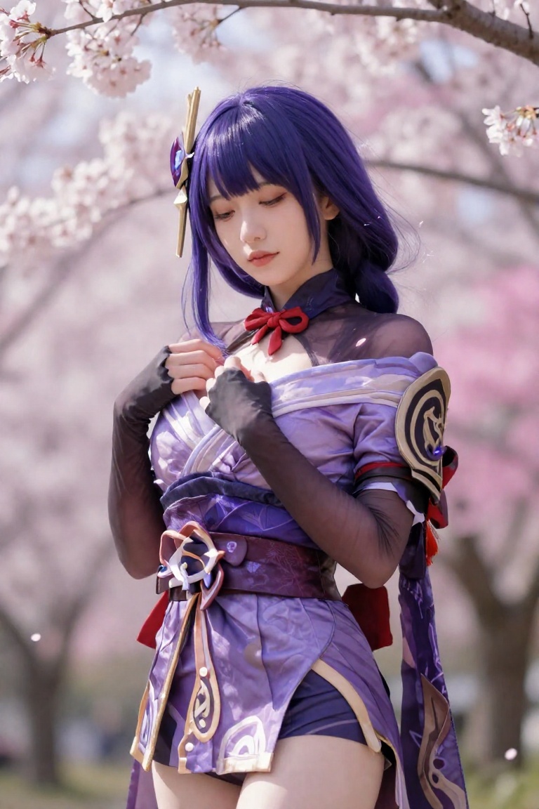 A realistic photograph of Raiden Shogun from Genshin Impact,  captured in a medium shot. She stands with her body slightly...