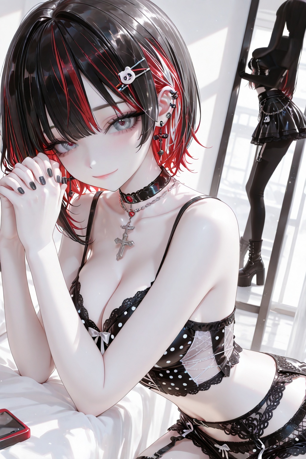 Tops: ((Pink frill and polka dot two-piece pajamas),  ((Bikini shorts)),  one girl on Tensor.Art