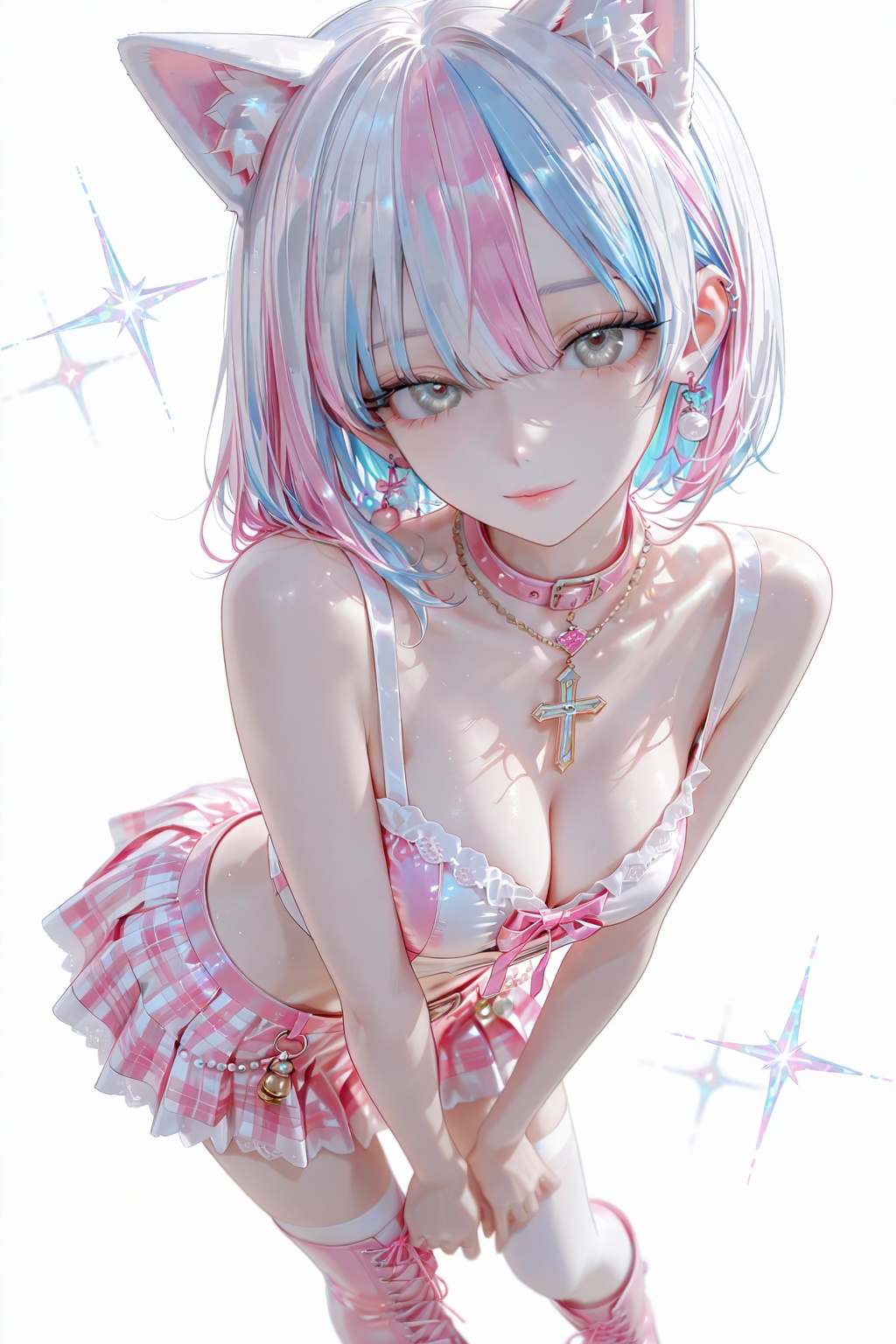 A young woman with pale blue curly hair and pink cat ears leans against a pure white background. She is dressed in a ruffl...