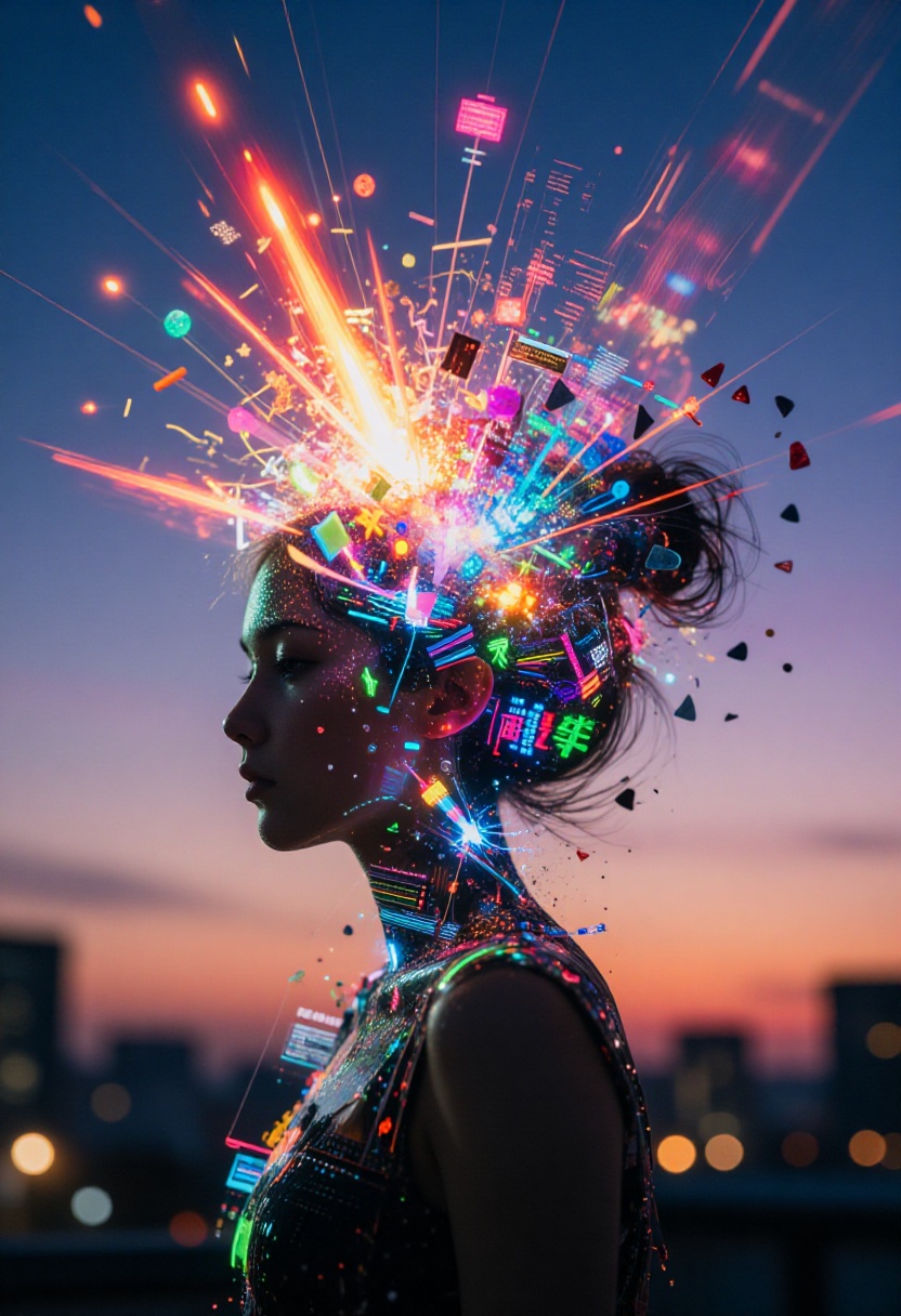 A surreal and glitch-inspired depiction of a figure with their head dissolving into a vibrant explosion of colorful light...