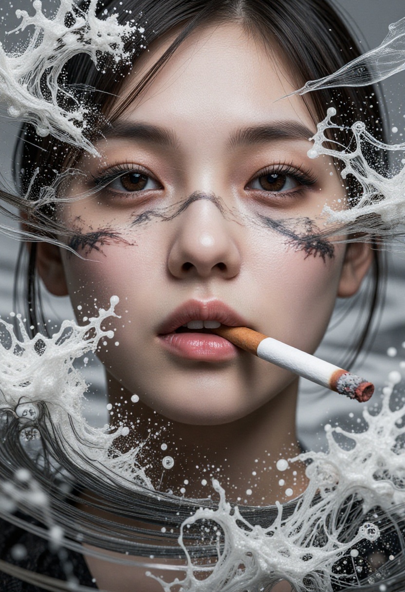 A surreal artwork showing a asian woman face with a cigarette in their mouth. upper face is obscured by what looks like a...