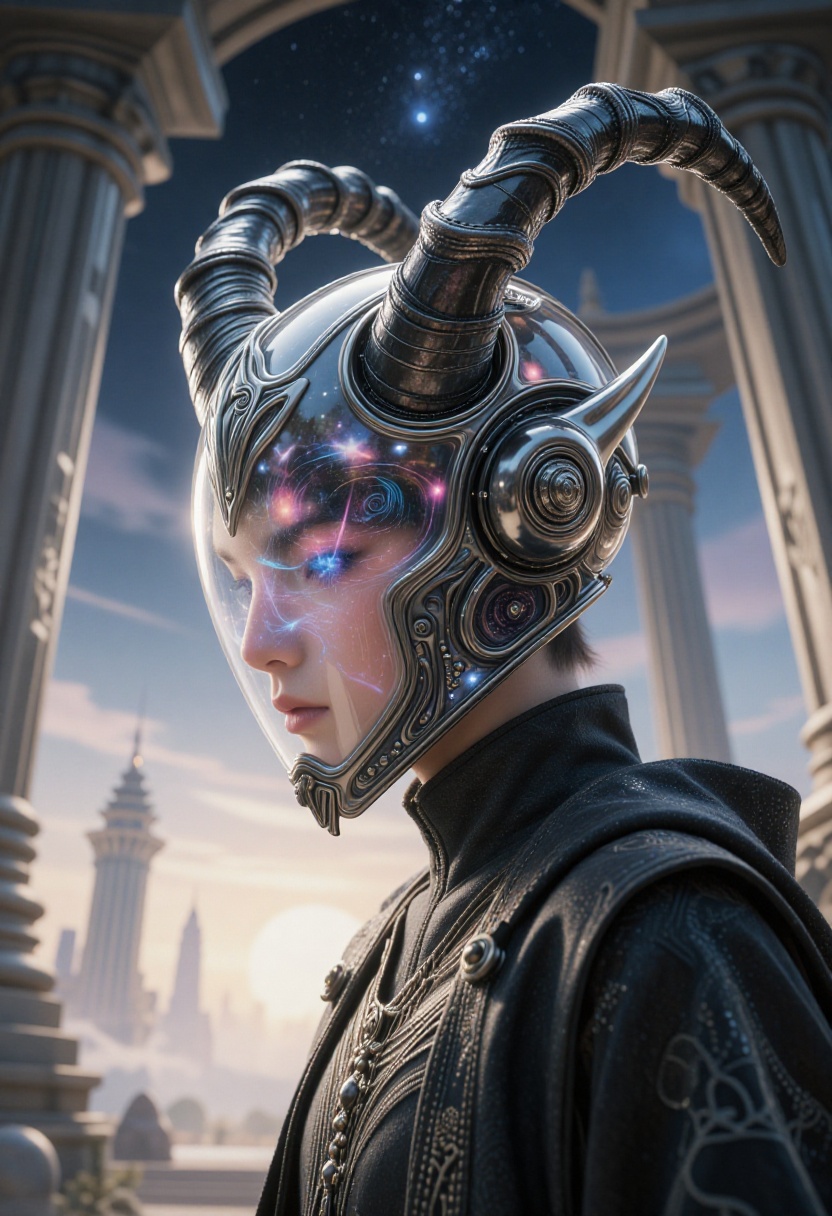 Cinematic,  futuristic scene featuring a close-up portrait of a mysterious figure wearing a dark,  flowing robe. The figur...