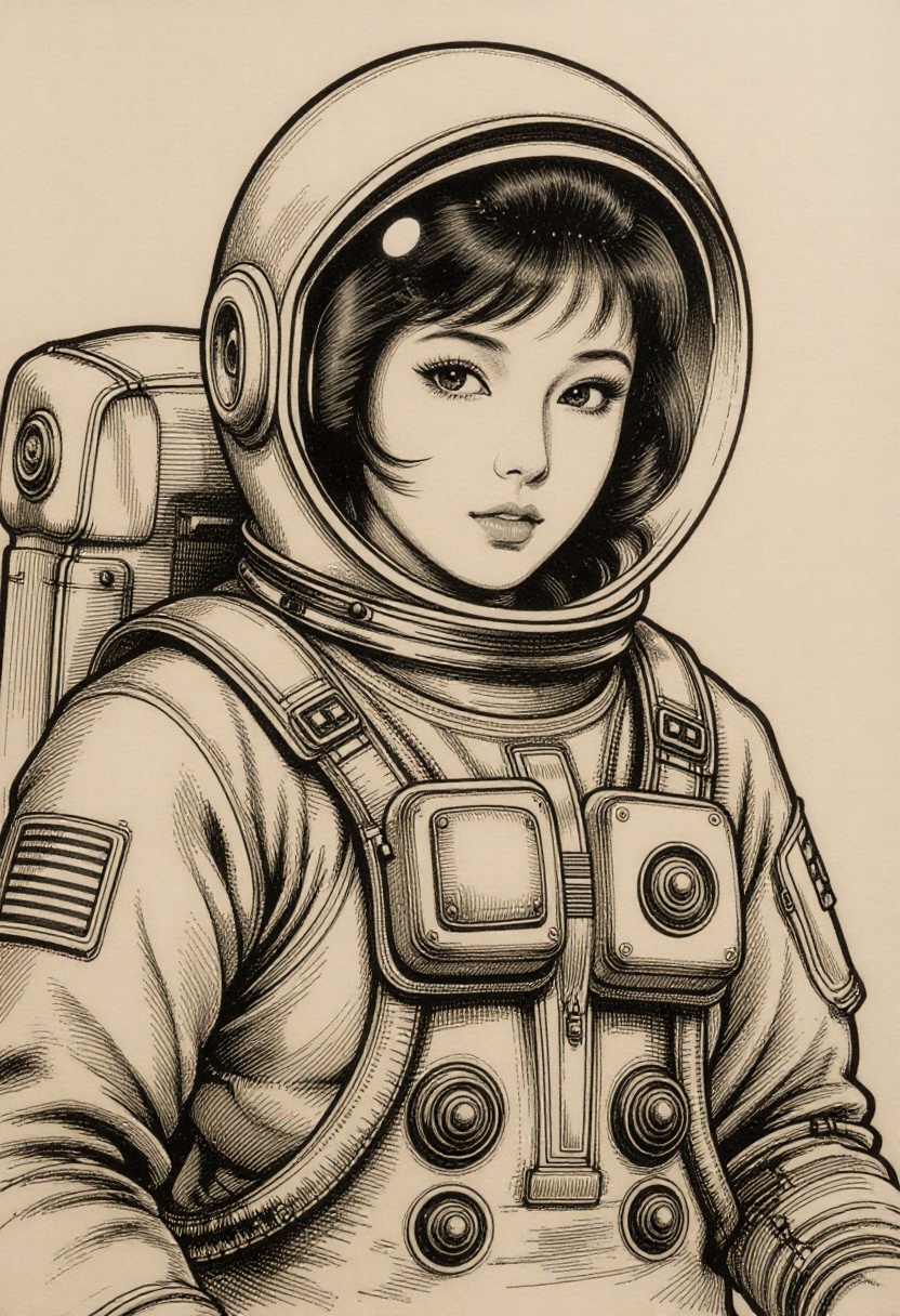 illustration of Japanese woman 1960s Astronaut in style of ink sketch on construction paper. ((intricate paper texture)) o...