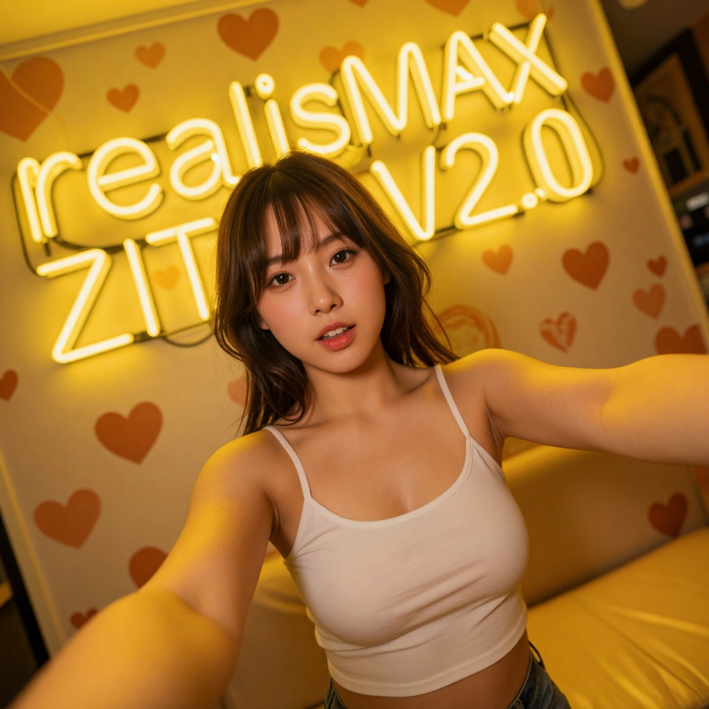 Create a vibrant scene where a yellow neon sign with the text "rRealisMAX ZIT V2.0" shines brightly in the background. A w...