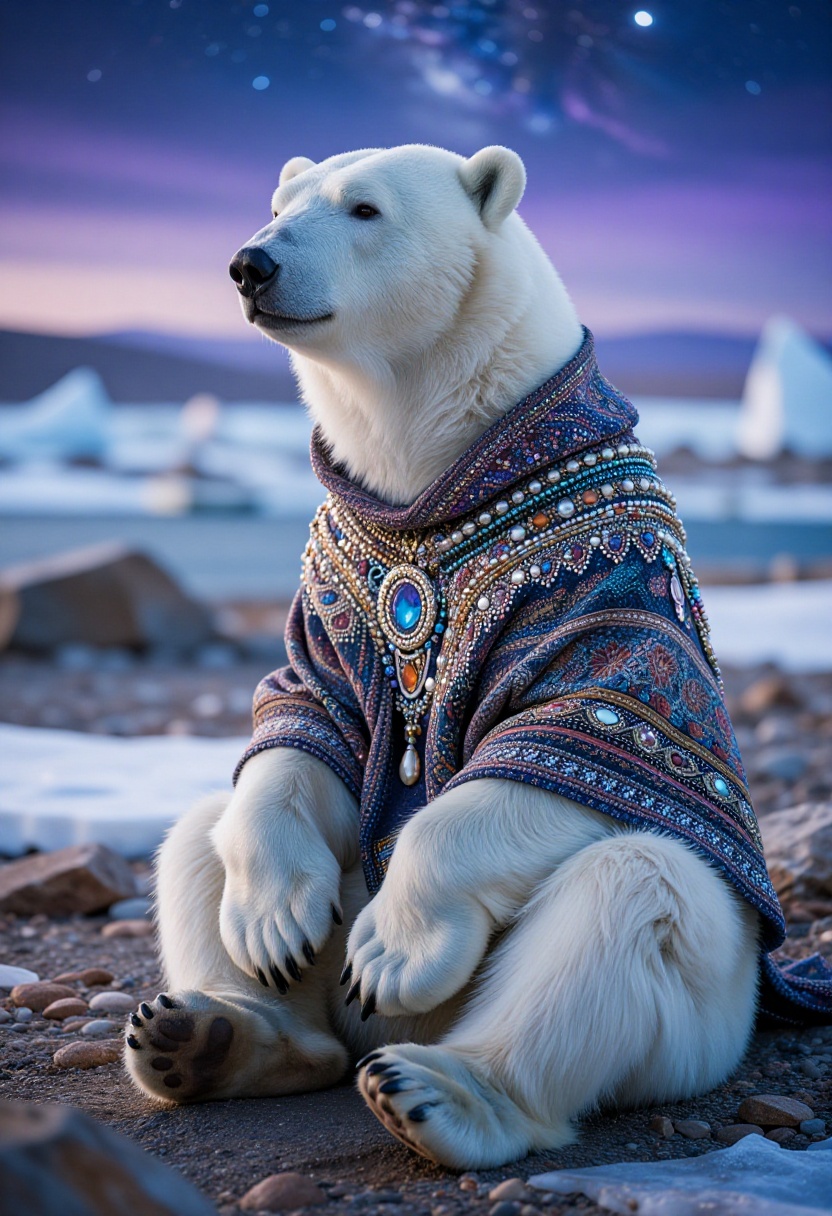 In this captivating realistic shot,  an anthropomorphic polar bear dressed in a richly textured,  jewel-toned shawl sits c...