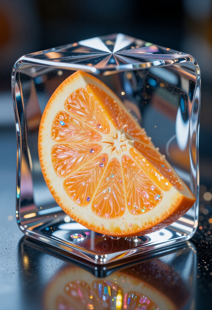 3D render,  realistic,  shining orange slice inside faceted ice cube on Tensor.Art