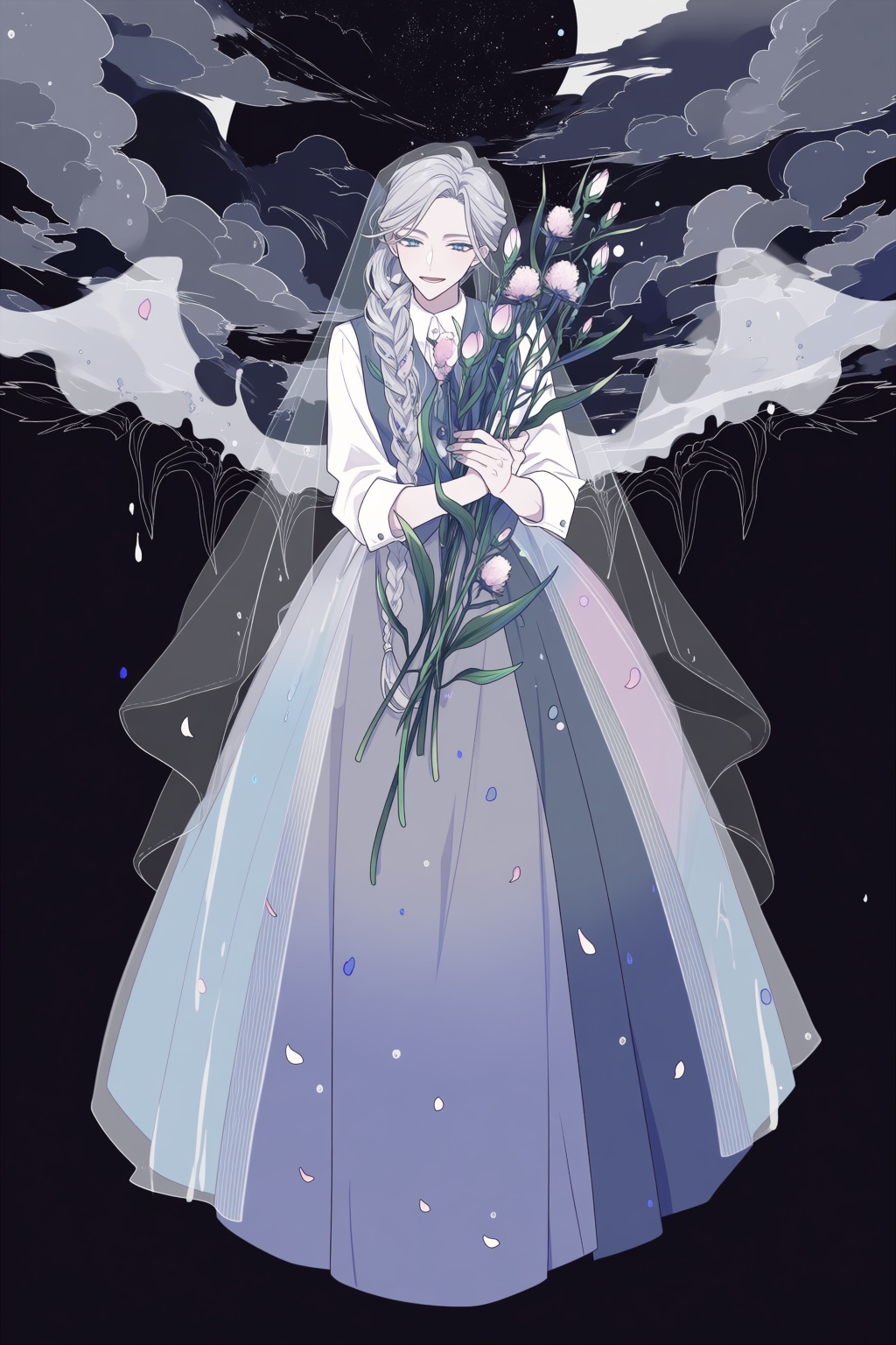 @shikim1,  @shikimi,  A dreamy fine-art portrait features a woman with braided silver hair and deep blue eyes on Tensor.Art
