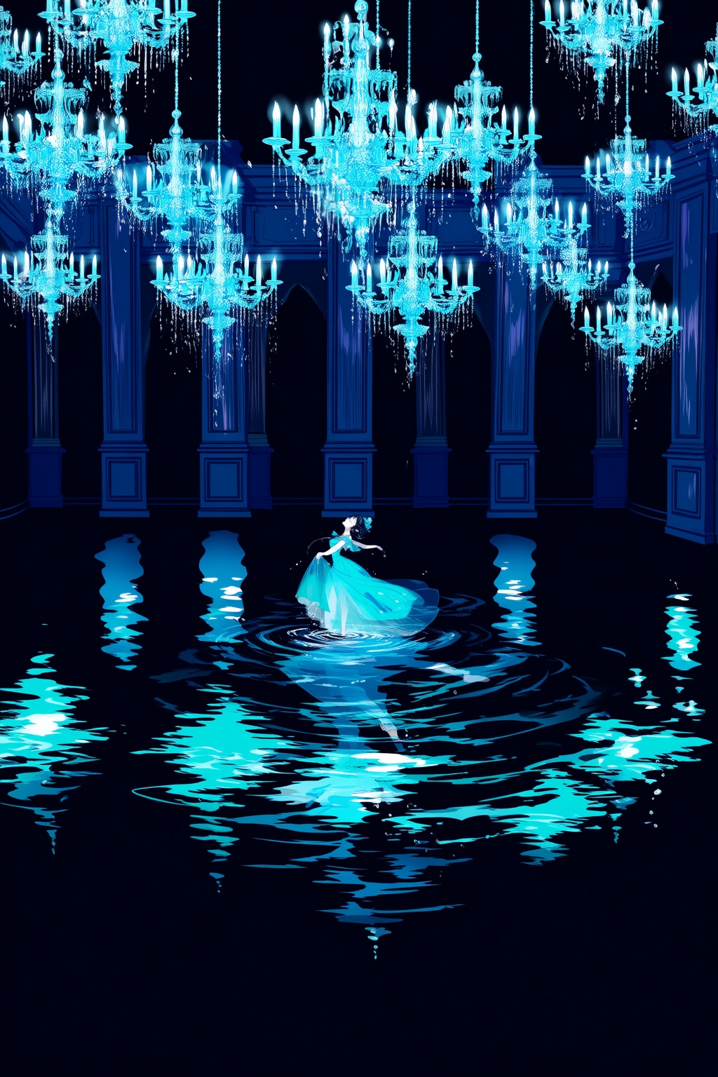 @shikim1,  @shikimi,  A surrealistic painterly scene depicts a woman dancing alone in a flooded ballroom under a canopy of...